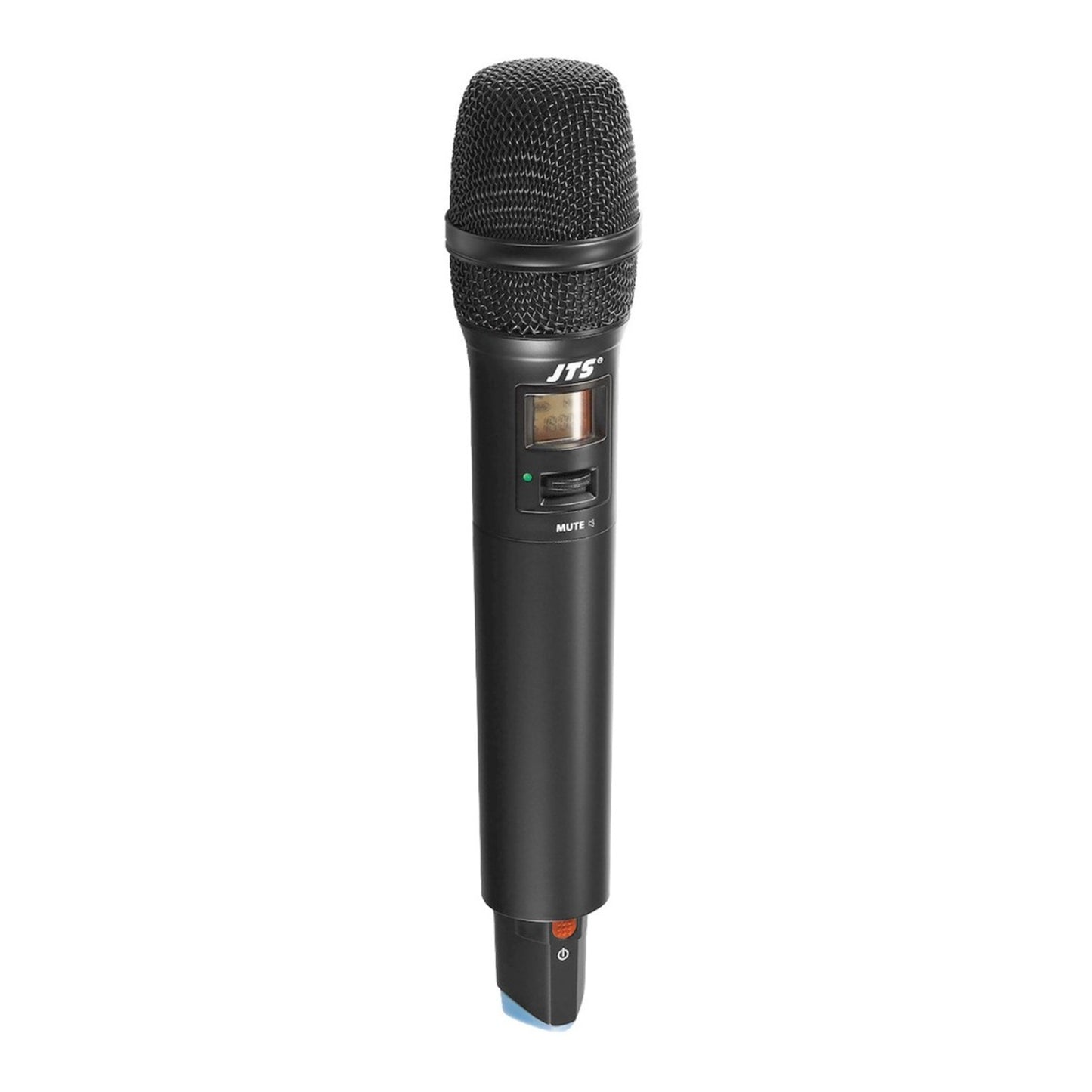 Black JTS microphone on a white background