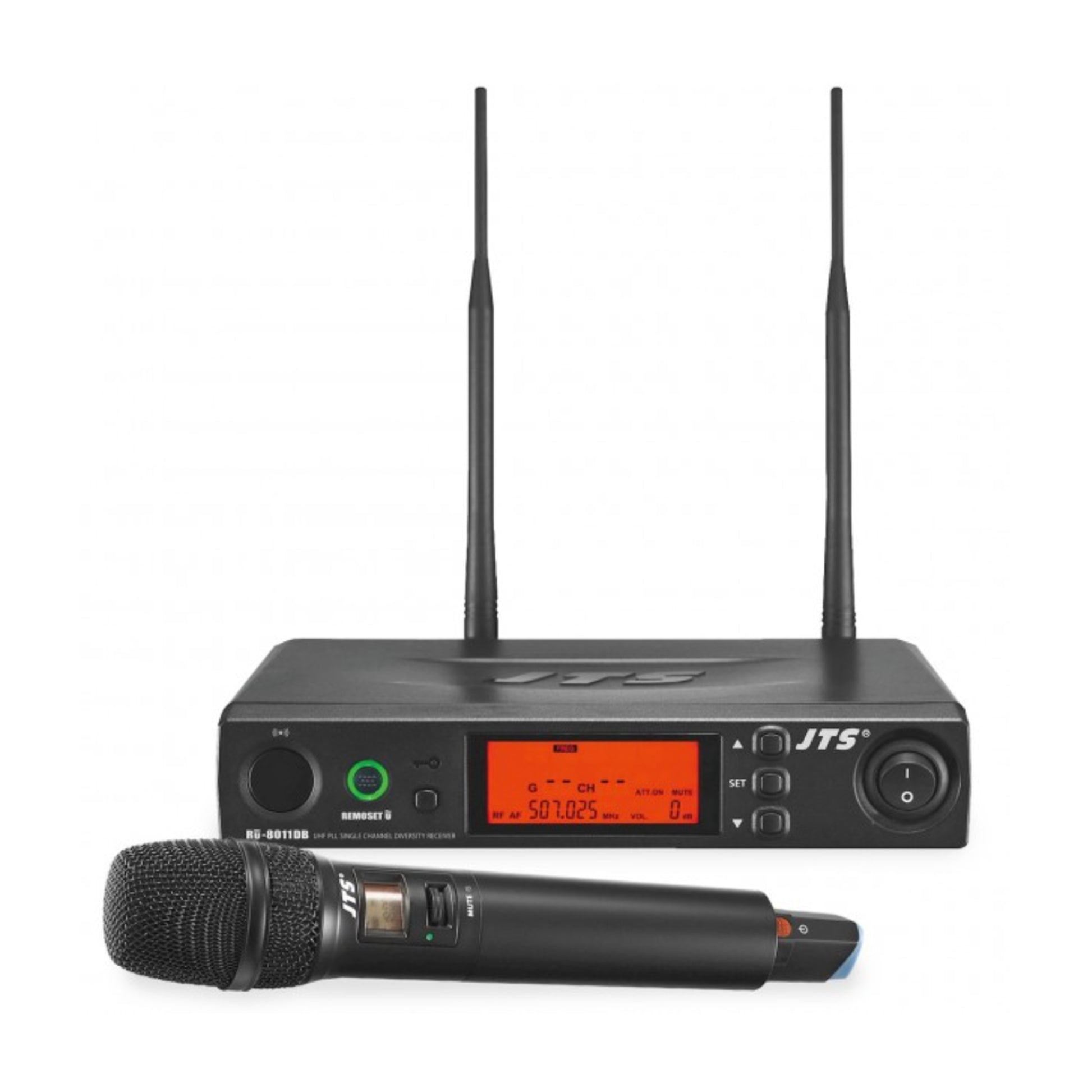 JTS wireless microphone transmitter and receiver on a white background