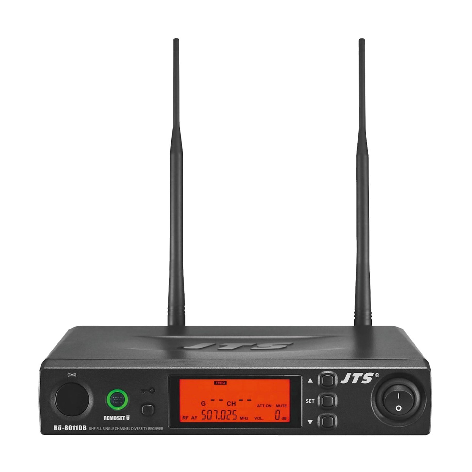 JTS wireless microphone transmitter on a white background